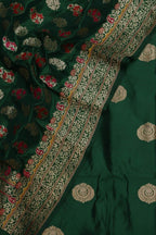 Green Pure Katan Silk Banarasi Handloom Three Piece Unstitched Suit Set - Luxurion World