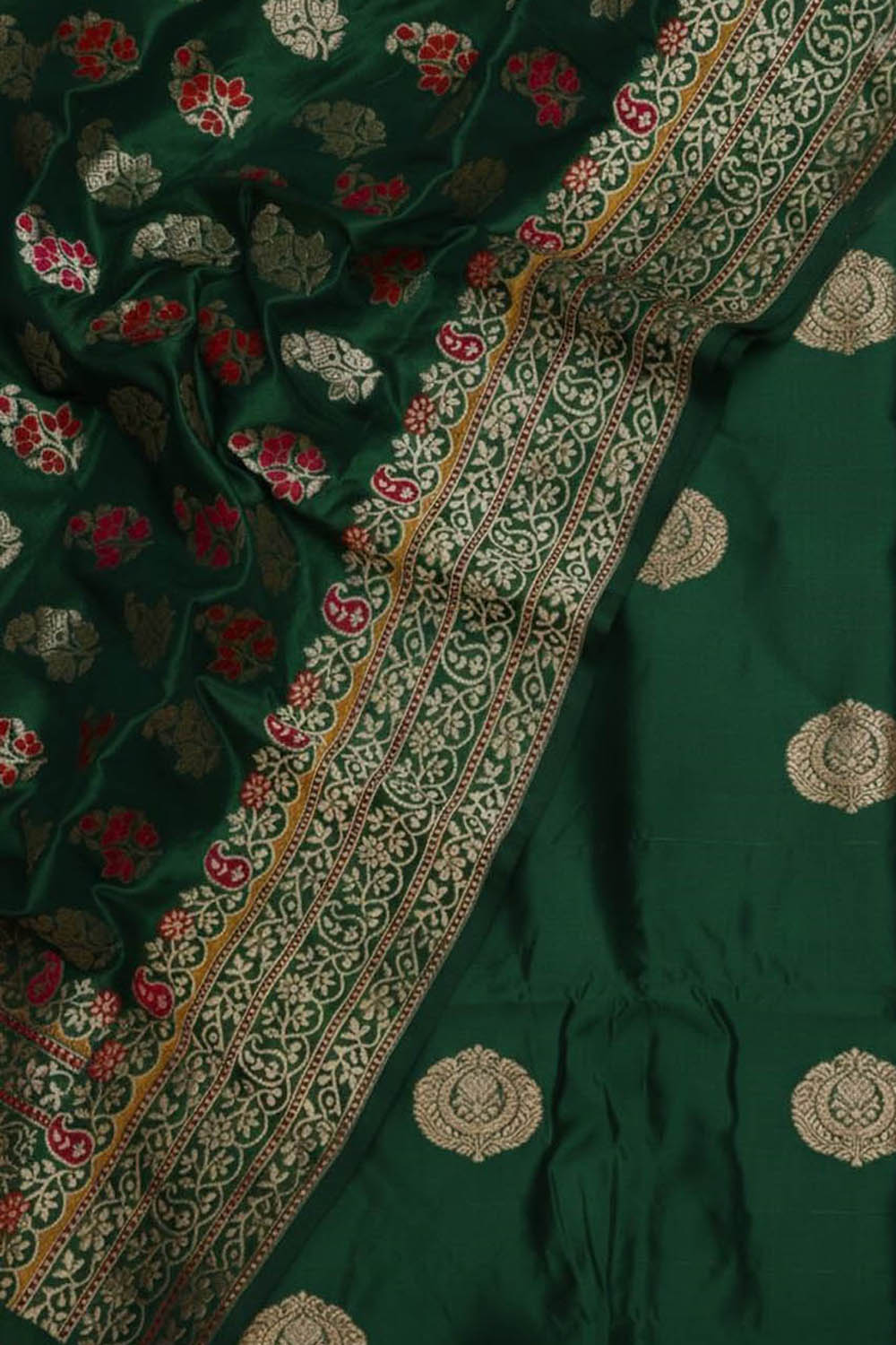 Green Pure Katan Silk Banarasi Handloom Three Piece Unstitched Suit Set - Luxurion World