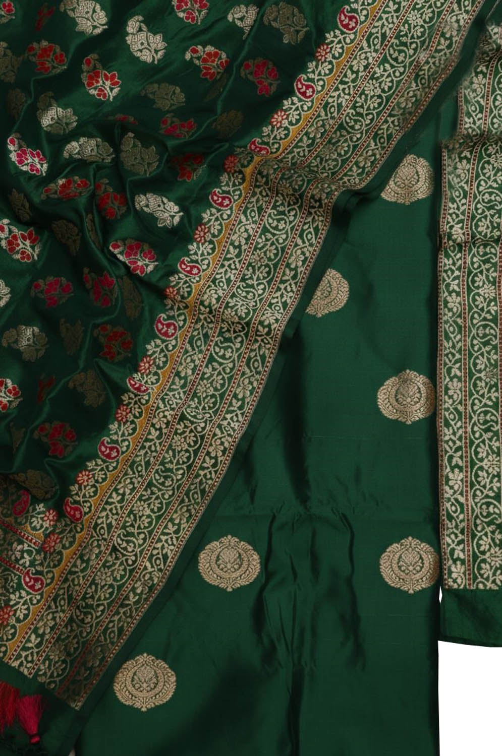 Green Pure Katan Silk Banarasi Handloom Three Piece Unstitched Suit Set - Luxurion World