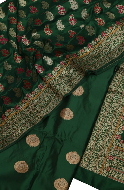 Green Pure Katan Silk Banarasi Handloom Three Piece Unstitched Suit Set - Luxurion World