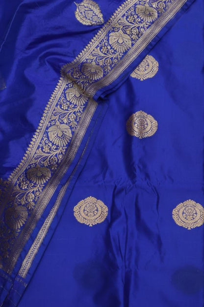 Blue Pure Katan Silk Banarasi Handloom Three Piece Unstitched Suit Set - Luxurion World