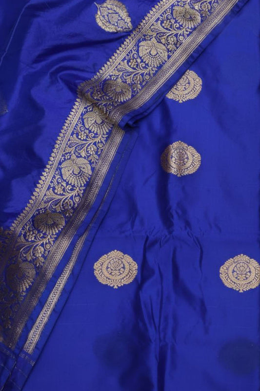 Blue Pure Katan Silk Banarasi Handloom Three Piece Unstitched Suit Set - Luxurion World