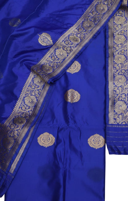 Blue Pure Katan Silk Banarasi Handloom Three Piece Unstitched Suit Set - Luxurion World