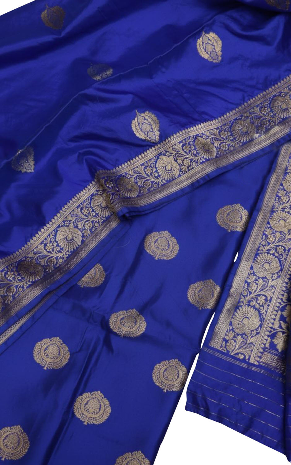 Blue Pure Katan Silk Banarasi Handloom Three Piece Unstitched Suit Set - Luxurion World