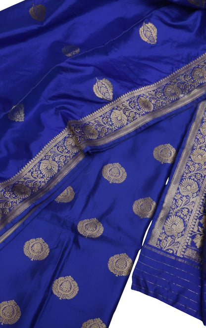 Blue Pure Katan Silk Banarasi Handloom Three Piece Unstitched Suit Set - Luxurion World