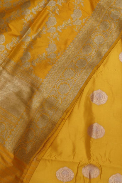 Yellow Pure Katan Silk Banarasi Handloom Three Piece Unstitched Suit Set - Luxurion World