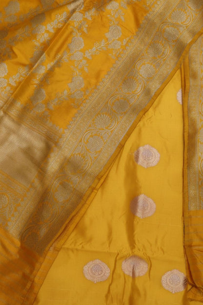 Yellow Pure Katan Silk Banarasi Handloom Three Piece Unstitched Suit Set - Luxurion World