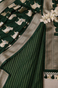 Green Handloom Banarasi Pure Moonga Silk Stripe Design Suit With Green Banarasi Silk Cow Design Dupatta - Luxurion World