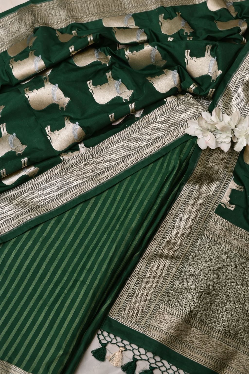 Green Handloom Banarasi Pure Moonga Silk Stripe Design Suit With Green Banarasi Silk Cow Design Dupatta - Luxurion World