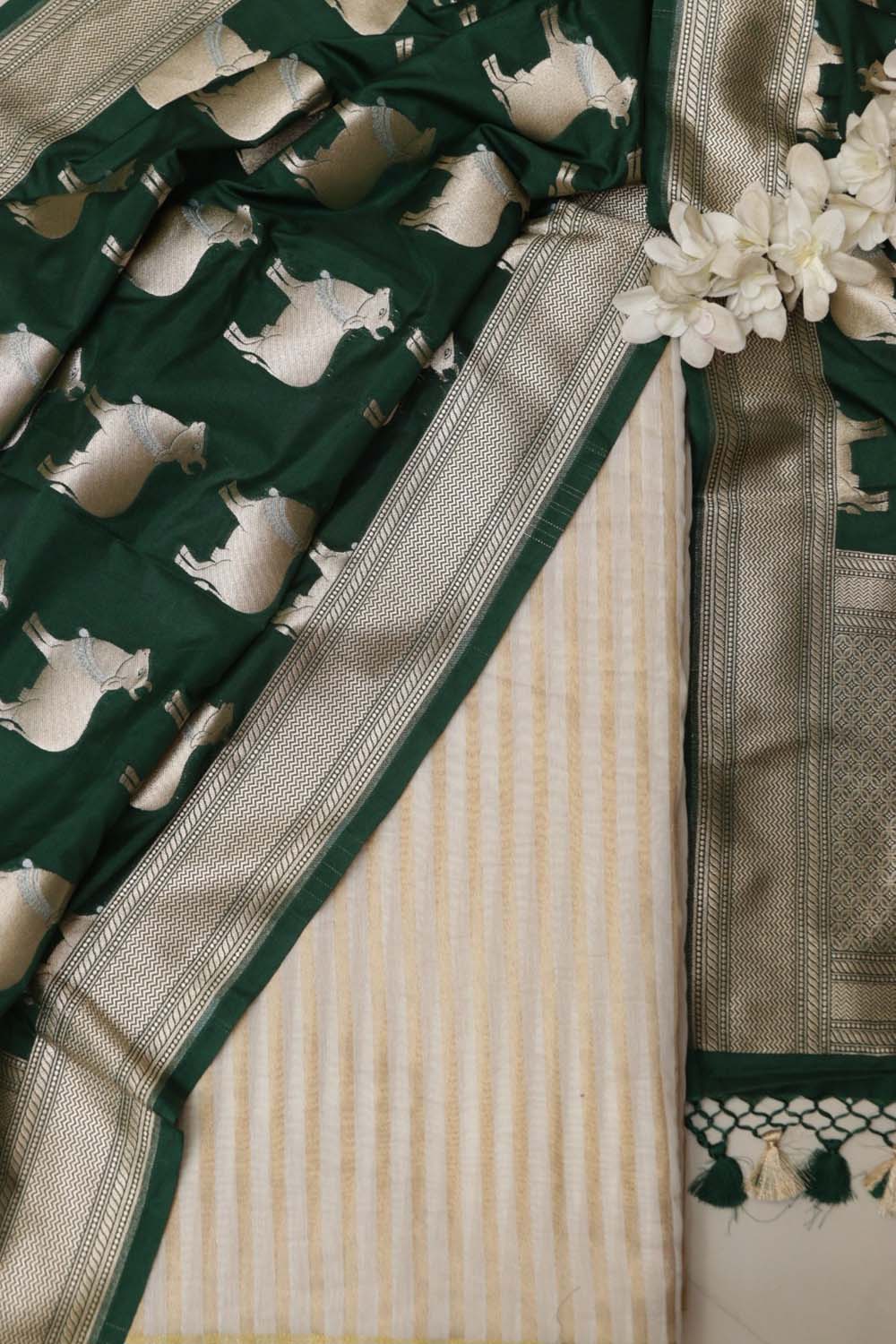 Dyeable Handloom Banarasi Pure Moonga Silk Stripe Design Suit With Green Banarasi Silk Cow Design Dupatta - Luxurion World