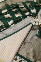 Dyeable Handloom Banarasi Pure Moonga Silk Stripe Design Suit With Green Banarasi Silk Cow Design Dupatta - Luxurion World