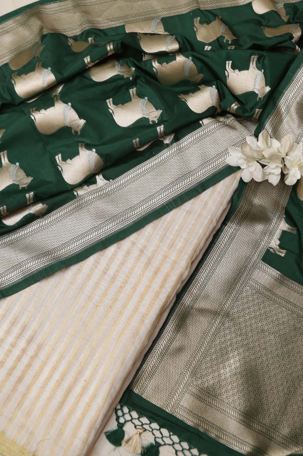 Dyeable Handloom Banarasi Pure Moonga Silk Stripe Design Suit With Green Banarasi Silk Cow Design Dupatta - Luxurion World