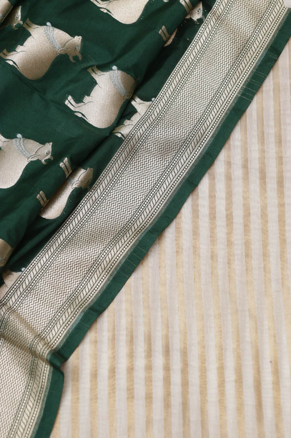 Dyeable Handloom Banarasi Pure Moonga Silk Stripe Design Suit With Green Banarasi Silk Cow Design Dupatta - Luxurion World