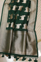 Dyeable Handloom Banarasi Pure Moonga Silk Stripe Design Suit With Green Banarasi Silk Cow Design Dupatta - Luxurion World