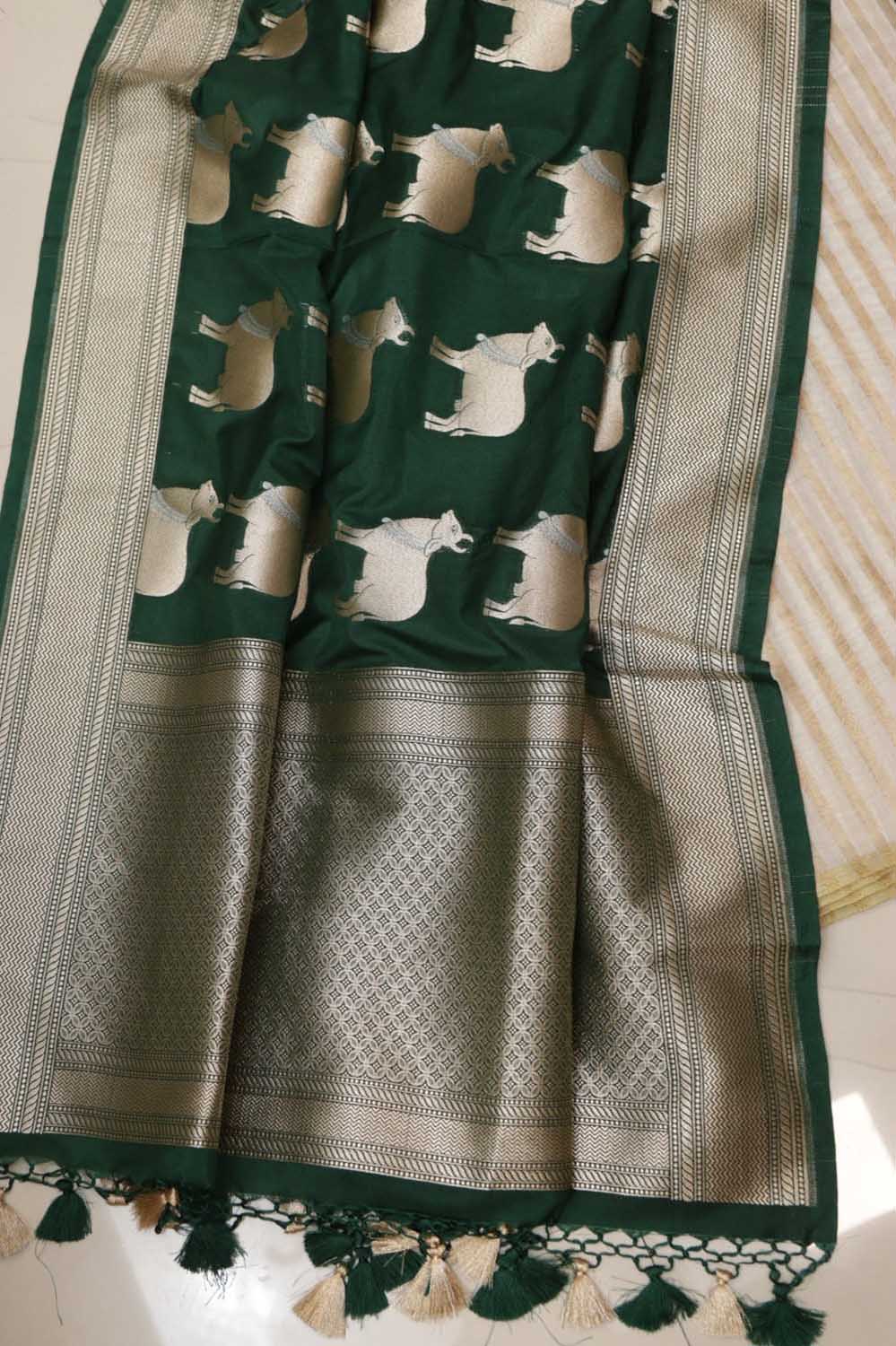 Dyeable Handloom Banarasi Pure Moonga Silk Stripe Design Suit With Green Banarasi Silk Cow Design Dupatta - Luxurion World