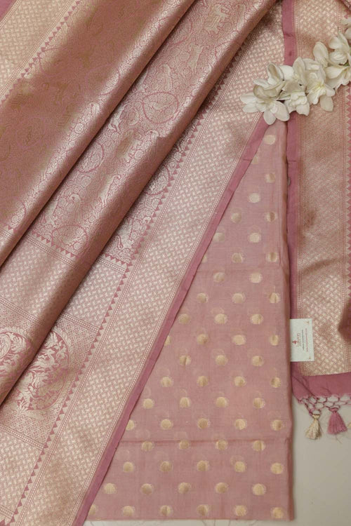 Pink Banarasi Chanderi Silk Suit With Pink Banarasi Silk Dupatta With Floral Motifs - Luxurion World