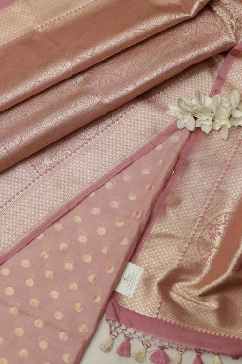 Pink Banarasi Chanderi Silk Suit With Pink Banarasi Silk Dupatta With Floral Motifs - Luxurion World