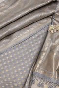 Grey Banarasi Chanderi Silk Polka Dots Suit With Grey Banarasi Silk Floral Design Dupatta - Luxurion World
