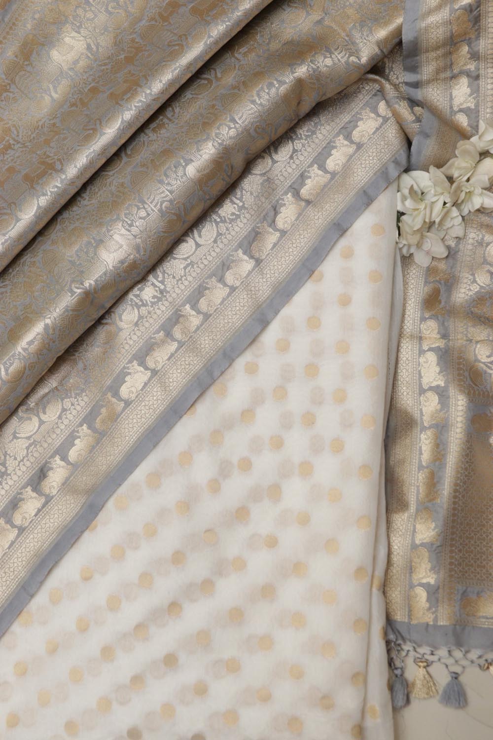 Dyeable Banarasi Chanderi Silk Polka Dots Suit With Grey Banarasi Silk Floral Design Dupatta - Luxurion World