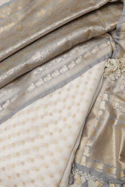 Dyeable Banarasi Chanderi Silk Polka Dots Suit With Grey Banarasi Silk Floral Design Dupatta - Luxurion World