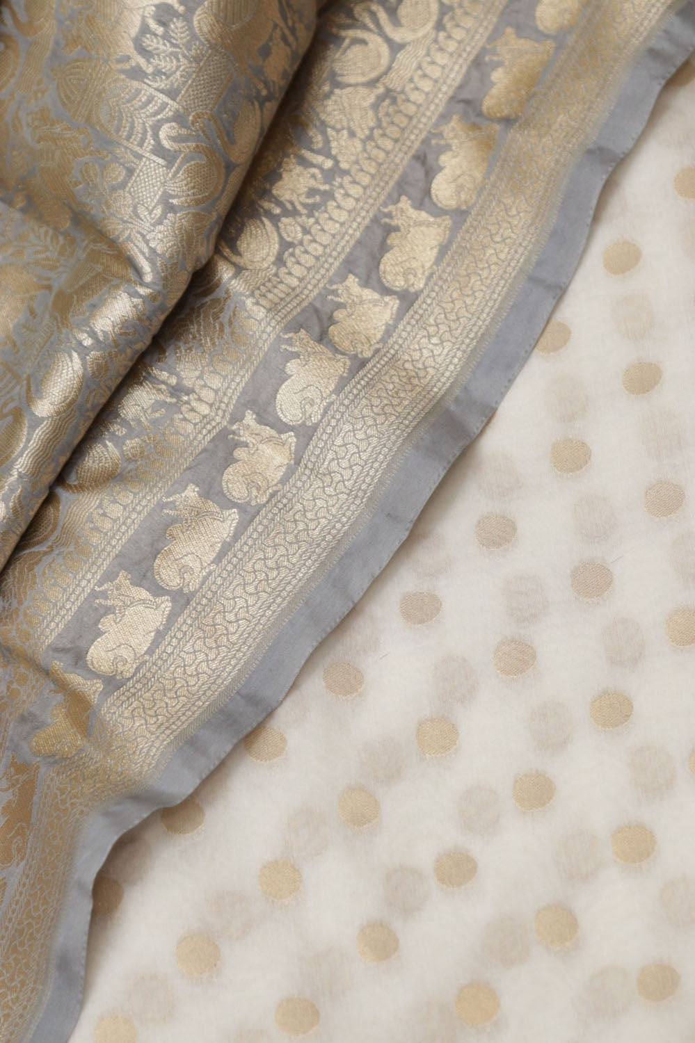 Dyeable Banarasi Chanderi Silk Polka Dots Suit With Grey Banarasi Silk Floral Design Dupatta - Luxurion World