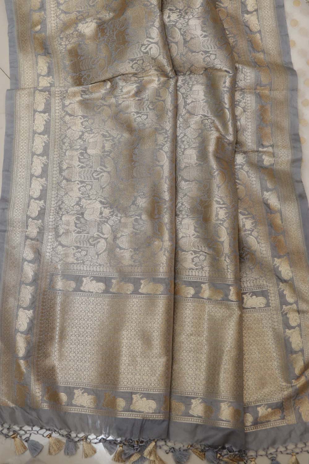 Dyeable Banarasi Chanderi Silk Polka Dots Suit With Grey Banarasi Silk Floral Design Dupatta - Luxurion World