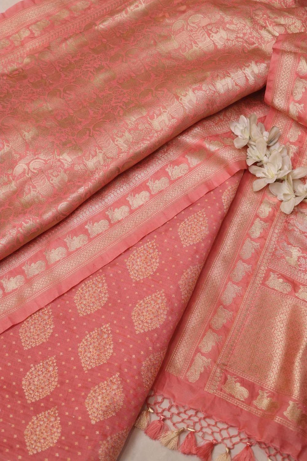 Pink Pure Cotton Handloom Banarasi Small Flower Design Meenakari Suit With Peach Banarasi Silk Shikargah & Flower Dupatta - Luxurion World