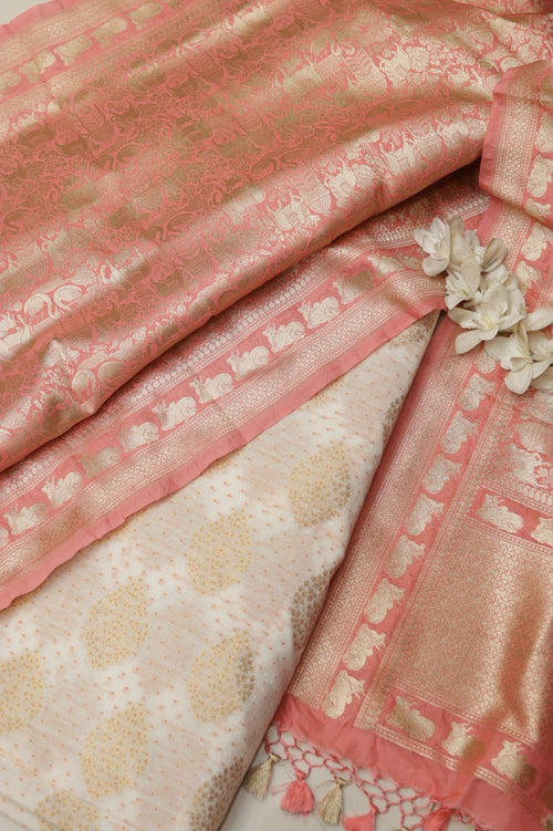 Dyeable Pure Cotton Handloom Banarasi Small Flower Design Meenakari Suit With Peach Banarasi Silk Shikargah & Flower Dupatta - Luxurion World