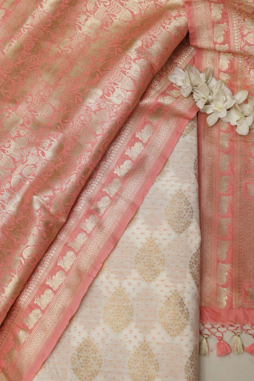 Dyeable Pure Cotton Handloom Banarasi Small Flower Design Meenakari Suit With Peach Banarasi Silk Shikargah & Flower Dupatta - Luxurion World