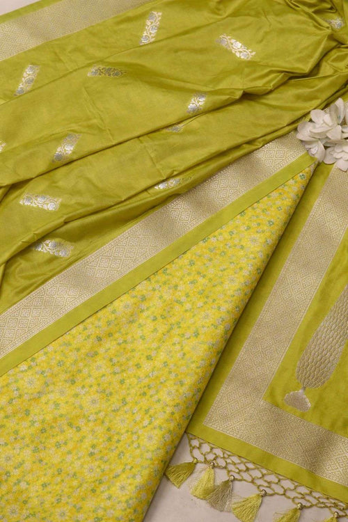Green Pure Cotton Handloom Banarasi Patola Design Meenakari Suit With Green Banarasi Silk Sona Roopa Dupatta - Luxurion World