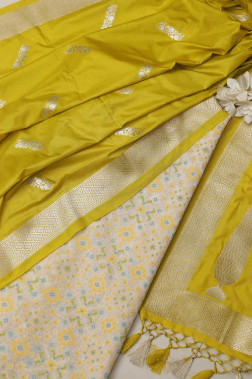 Dyeable Pure Cotton Handloom Banarasi Patola Design Meenakari Suit With Green Banarasi Silk Sona Roopa Dupatta - Luxurion World