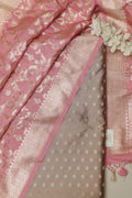 Pastel Banarasi Silk Small Booti Design Suit With Pink Banarasi Silk Flower Dupatta - Luxurion World