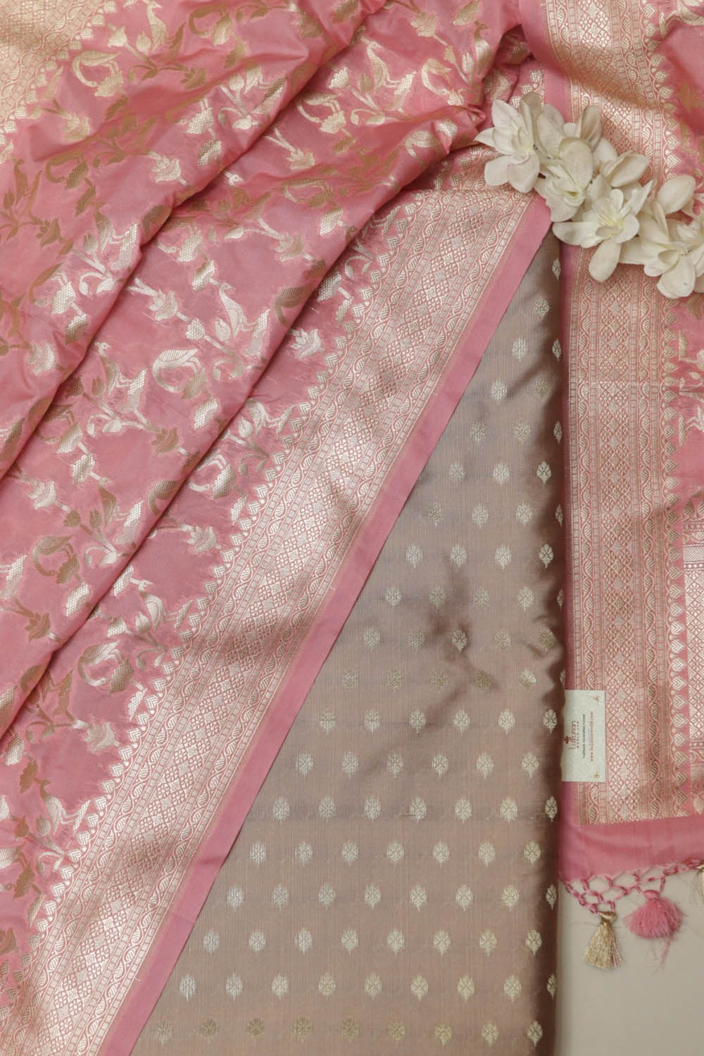 Pastel Banarasi Silk Small Booti Design Suit With Pink Banarasi Silk Flower Dupatta - Luxurion World
