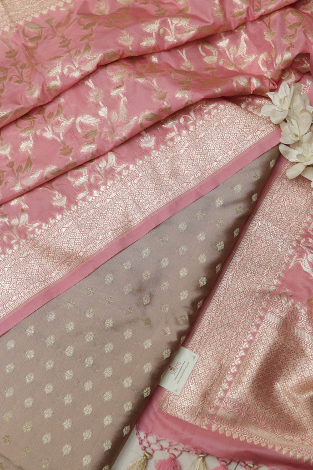 Pastel Banarasi Silk Small Booti Design Suit With Pink Banarasi Silk Flower Dupatta - Luxurion World