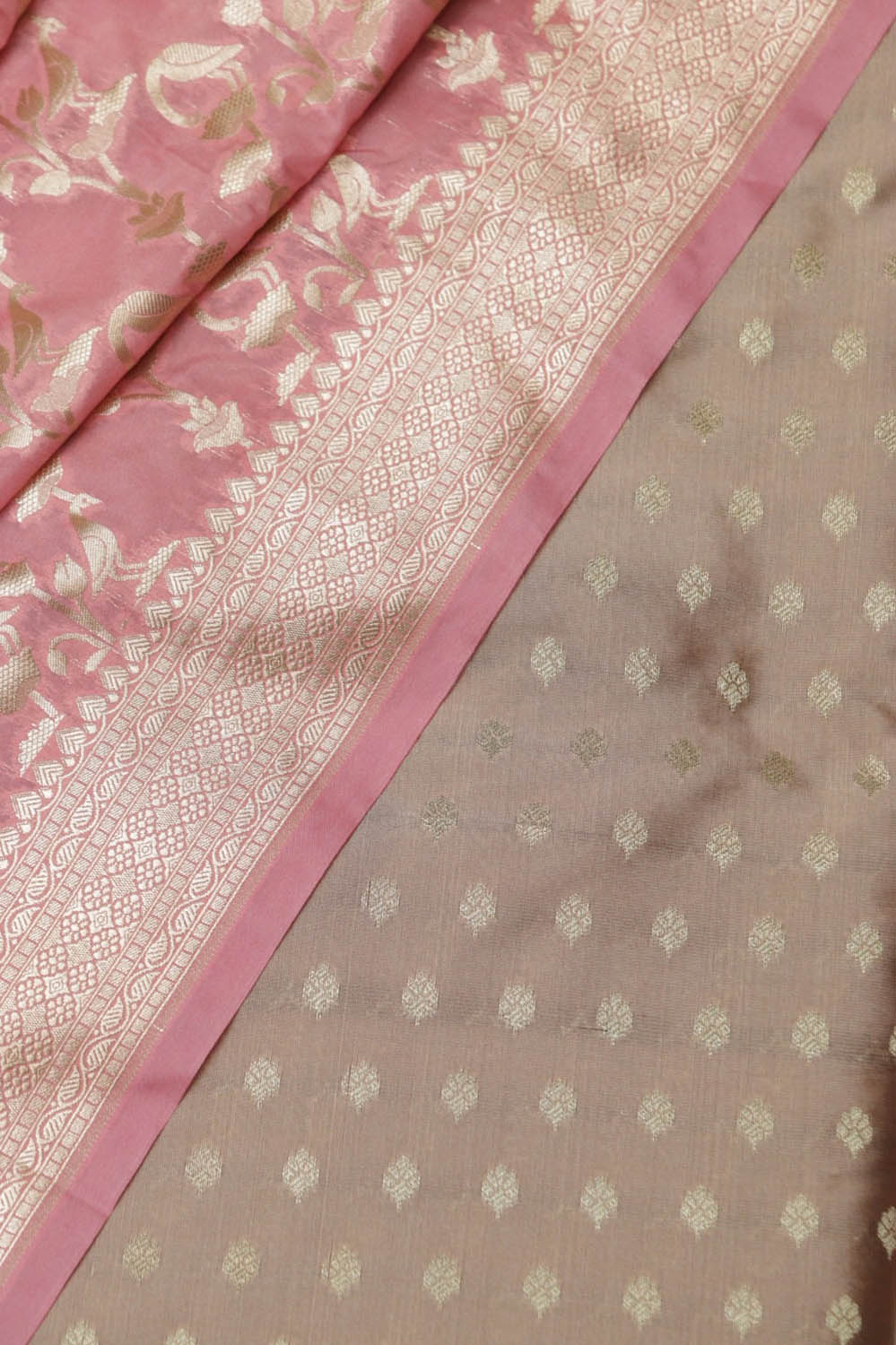 Pastel Banarasi Silk Small Booti Design Suit With Pink Banarasi Silk Flower Dupatta - Luxurion World