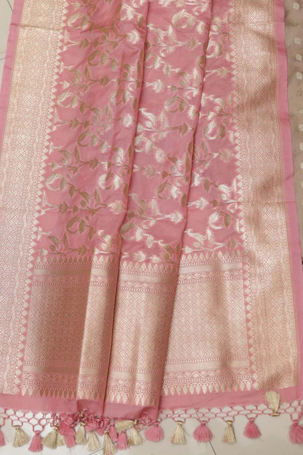 Pastel Banarasi Silk Small Booti Design Suit With Pink Banarasi Silk Flower Dupatta - Luxurion World