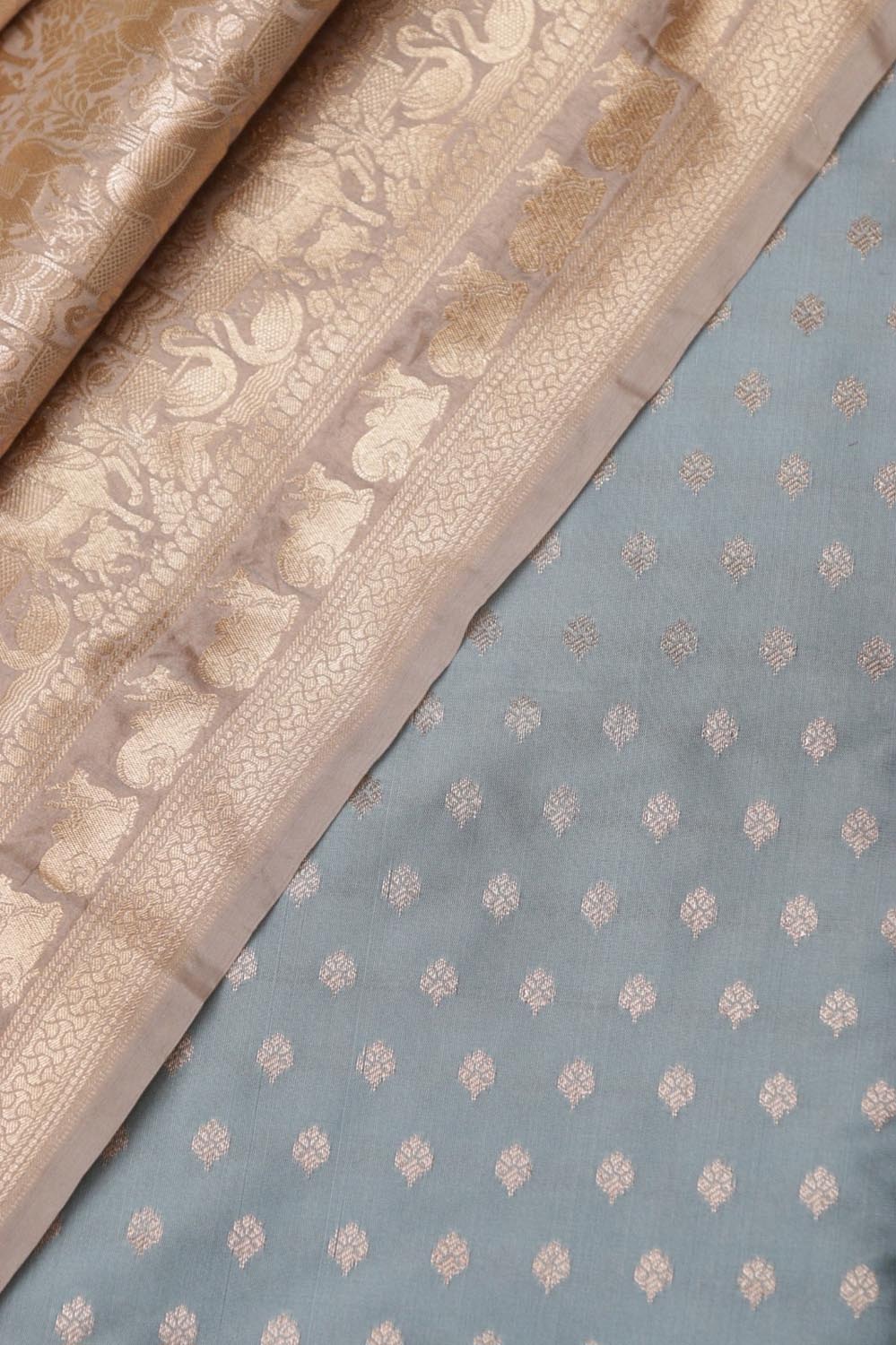 Grey Banarasi Silk Small Booti Design Suit With Grey Banarasi Silk Floral Design Dupatta - Luxurion World