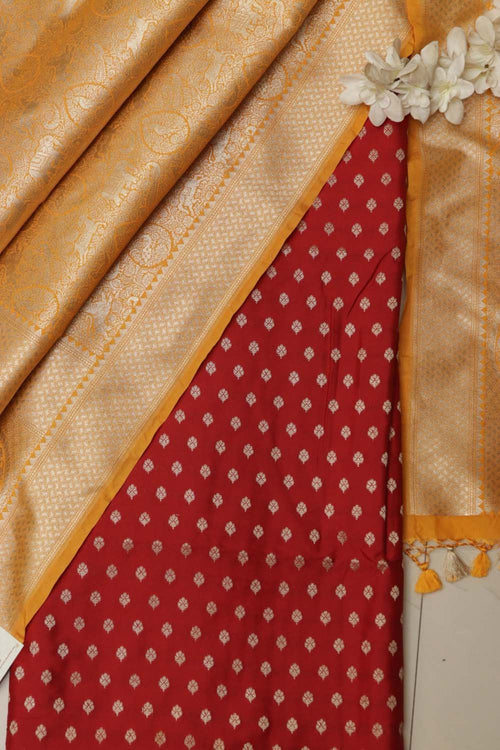 Red Banarasi Silk Small Booti Design Suit With Yellow Banarasi Silk Floral Design Dupatta - Luxurion World