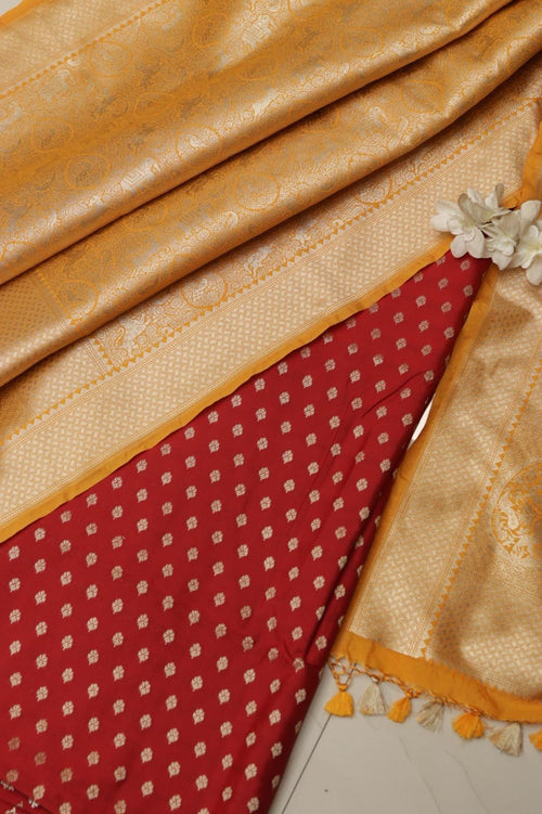 Red Banarasi Silk Small Booti Design Suit With Yellow Banarasi Silk Floral Design Dupatta - Luxurion World