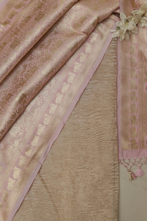 Golden Handloom Banarasi Tissue Silk Crushed Suit With Pink Banarasi Silk Floral Design Dupatta - Luxurion World