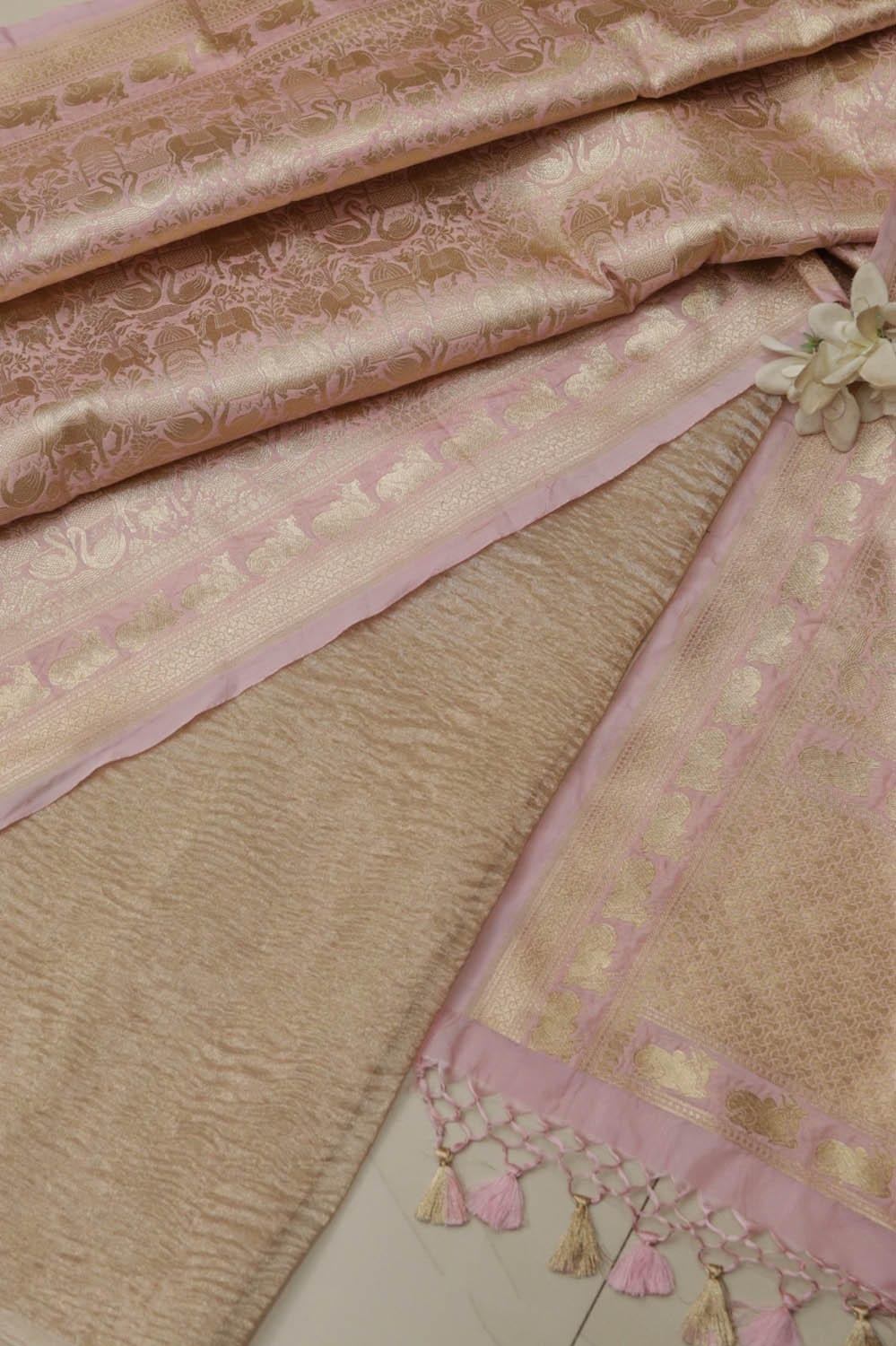 Golden Handloom Banarasi Tissue Silk Crushed Suit With Pink Banarasi Silk Floral Design Dupatta - Luxurion World