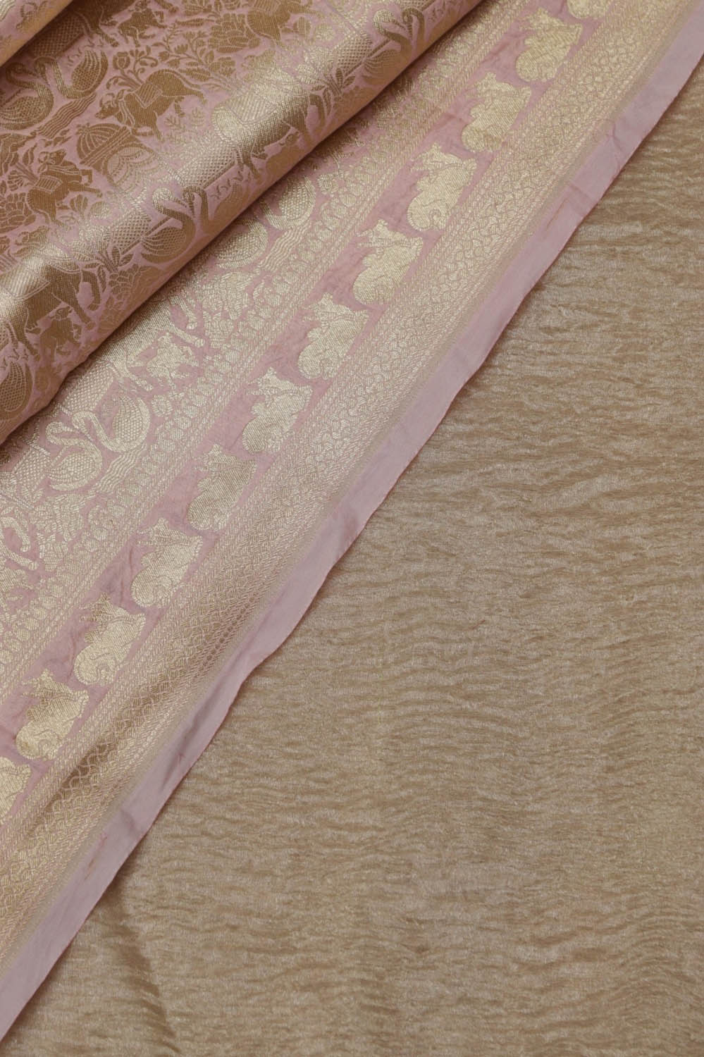 Golden Handloom Banarasi Tissue Silk Crushed Suit With Pink Banarasi Silk Floral Design Dupatta - Luxurion World