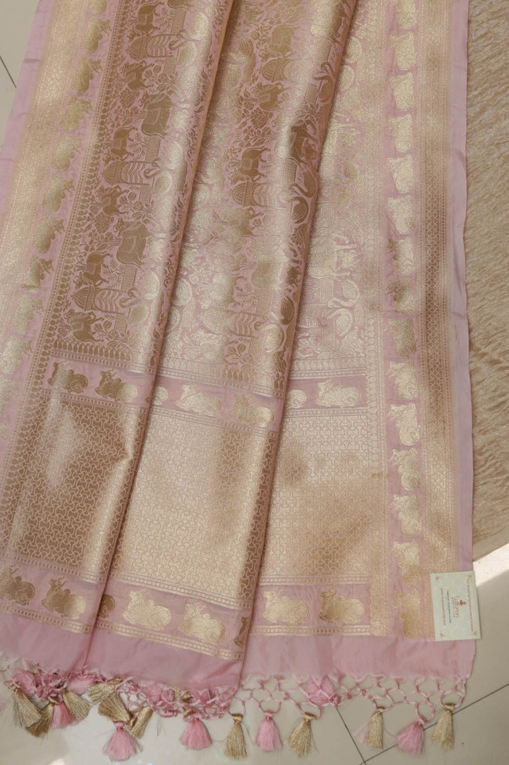 Golden Handloom Banarasi Tissue Silk Crushed Suit With Pink Banarasi Silk Floral Design Dupatta - Luxurion World