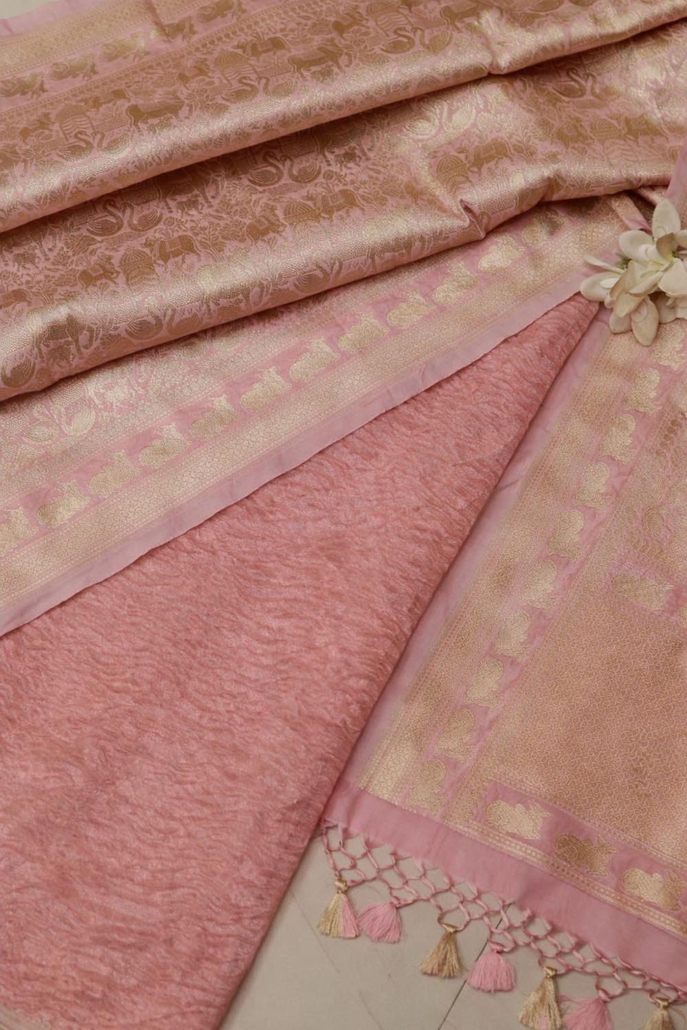 Pink Handloom Banarasi Tissue Silk Crushed Suit With Pink Banarasi Silk Floral Design Dupatta - Luxurion World