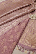 Pink Pure Cotton Handloom Banarasi Flower Design Suit With Pastel Purple Banarasi Silk Floral Design Dupatta - Luxurion World