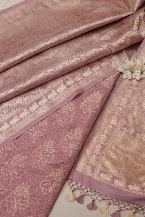 Pink Pure Cotton Handloom Banarasi Flower Design Suit With Pastel Purple Banarasi Silk Floral Design Dupatta - Luxurion World