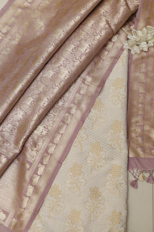 Dyeable Pure Cotton Handloom Banarasi Flower Design Suit With Pastel Purple Banarasi Silk Floral Design Dupatta - Luxurion World