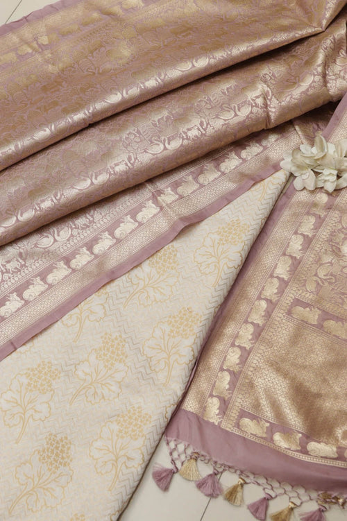 Dyeable Pure Cotton Handloom Banarasi Flower Design Suit With Pastel Purple Banarasi Silk Floral Design Dupatta - Luxurion World