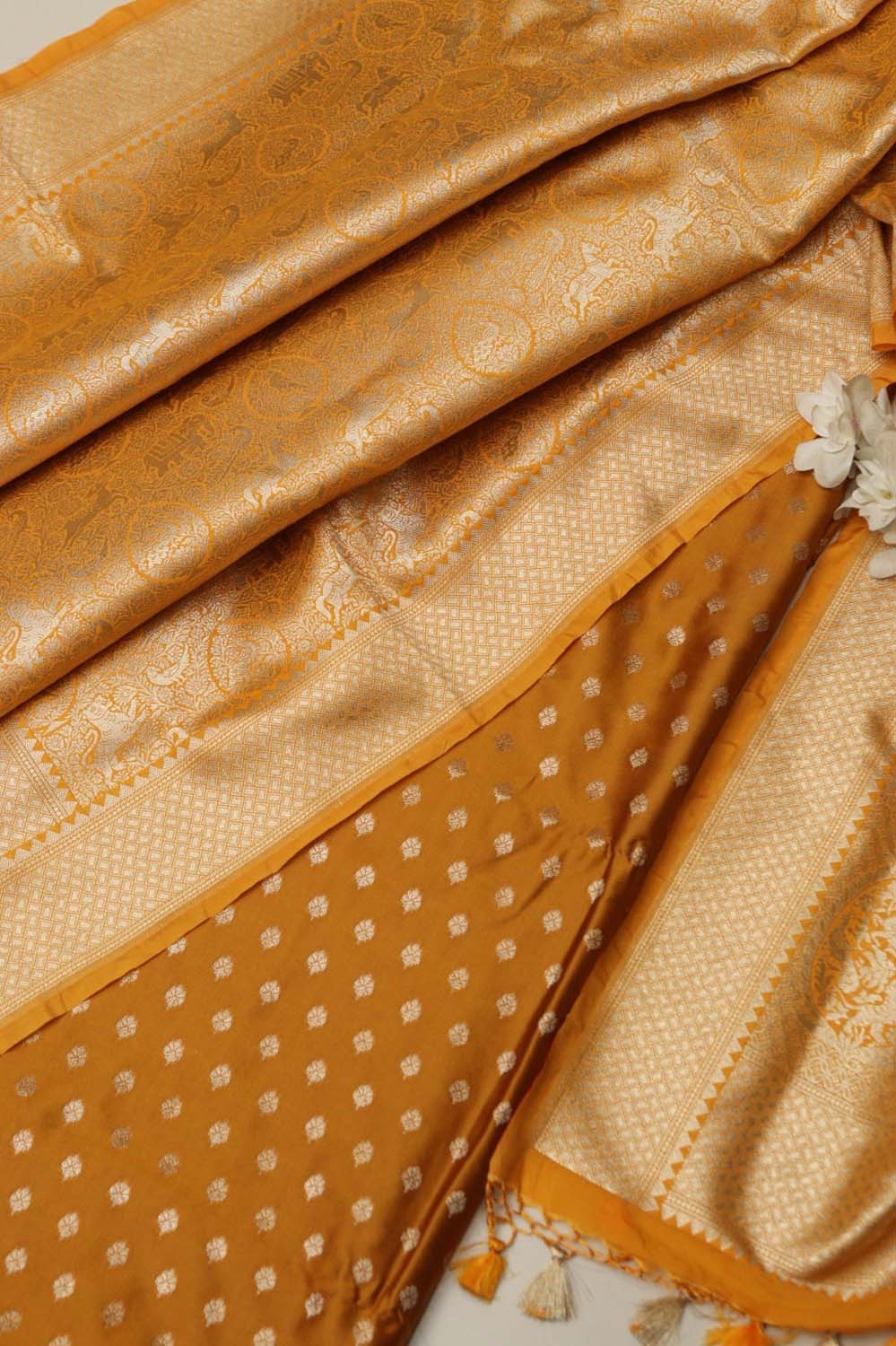 Mustard Yellow Banarasi Silk Small Booti Design Suit With Yellow Banarasi Silk Floral Design Dupatta - Luxurion World