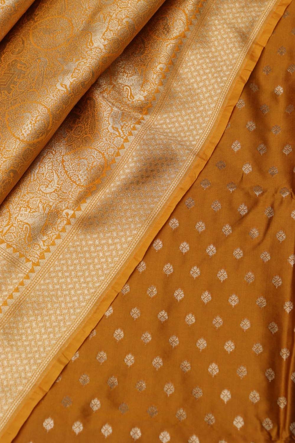 Mustard Yellow Banarasi Silk Small Booti Design Suit With Yellow Banarasi Silk Floral Design Dupatta - Luxurion World